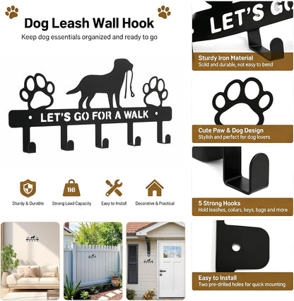 5-Hooks Dog Leash Holder for Wall, Metal Key Holder Leash Hooks,Pet Leash and Key Organizer, Screw Mounted Rack for Leashes Keys Collars, Entryway Garage Mudroom(10.6" × 4.9" × 0.8")