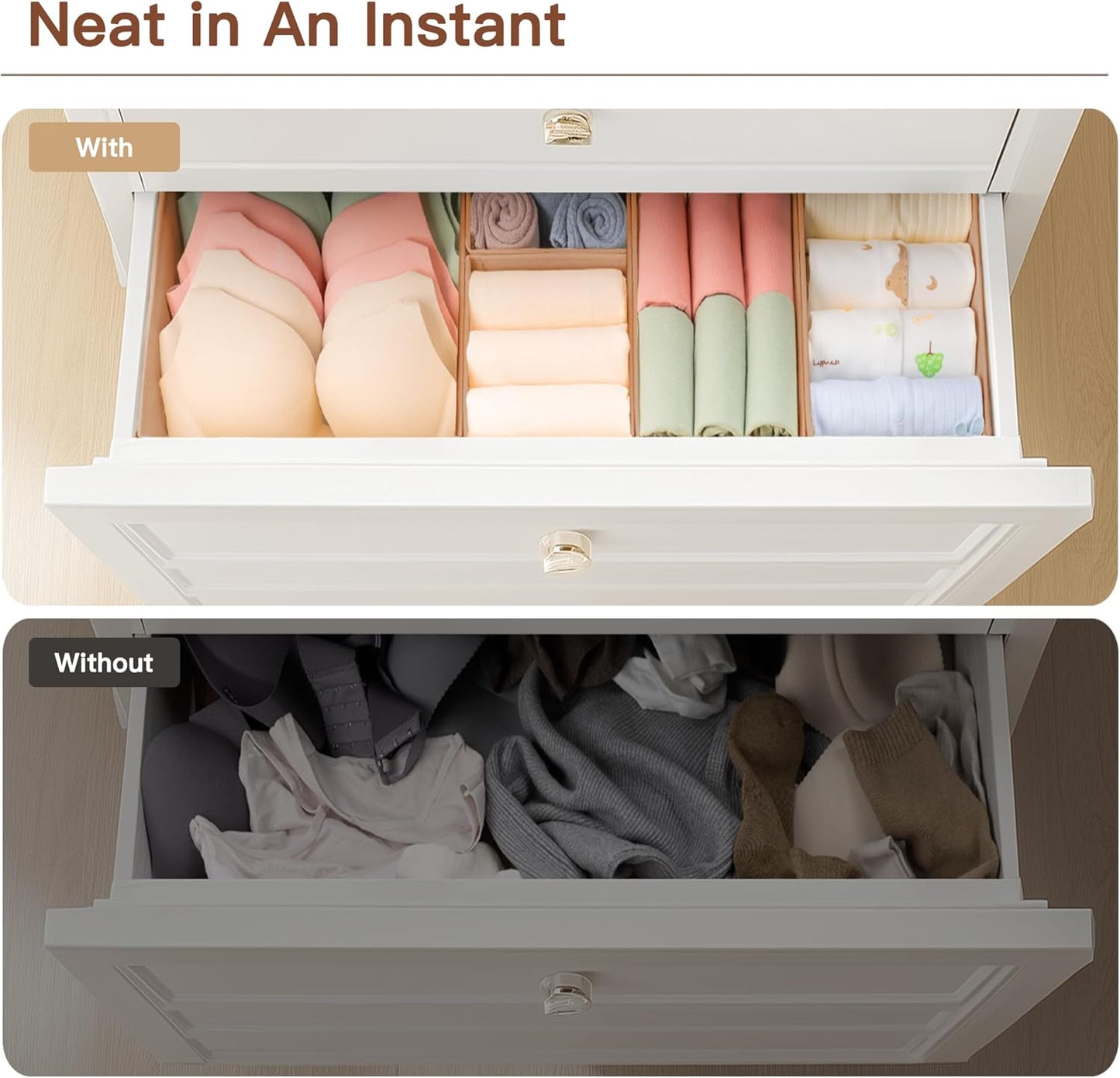Drawer Organizer Clothes, 10 Pack Dresser Organizer for Baby Clothes, Underwear, Sock- Foldable Closet Organization and Storage Dividers Bins for Nursery, Bedroom (Beige)