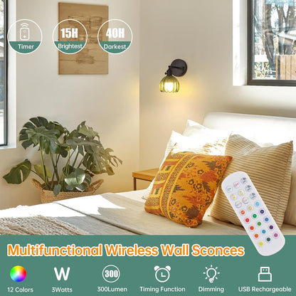 Shenmoyl Vintage Battery Operated Wall Sconce with Green Tulip Glass Lampshade Rechargeable Battery Powered Wall Light with Remote Control for Bedside Bedroom Doorway