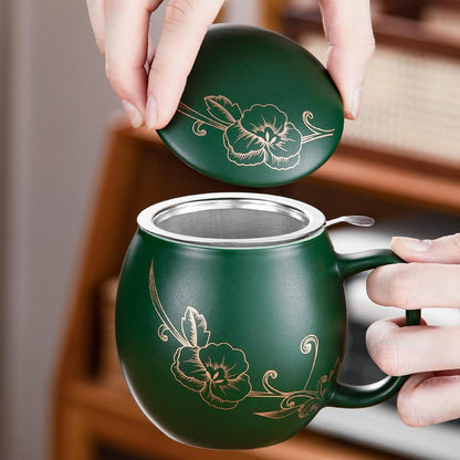 Yundu 12 OZ Matte Purple Ceramics Teacup with Infuser and Lid, Mug with Lid for Steeping - Stainless Steel Infuser for Loose Leaf Tea, Home Office Gift for Tea Lovers