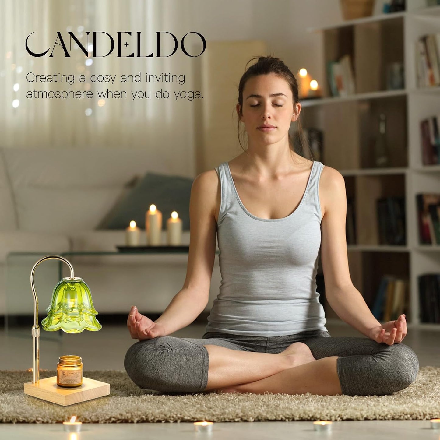 Candeldo Candle Warmer Lamp with Timer, Gold Flower Glass Shade | Height Adjustable, Dimmable, Fits 3-Wick Candles and Wax Melts, Ideal for Bedroom Decor, Birthday Gifts for Women