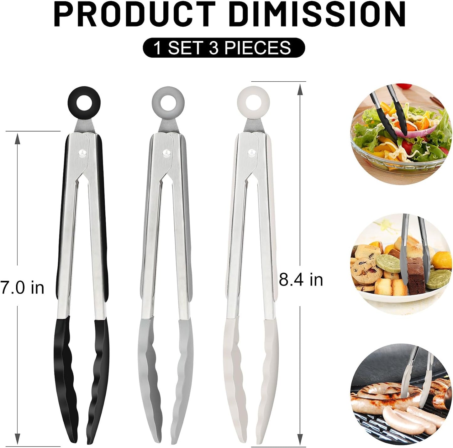 Hotec Mini Silicone Kitchen Tongs for Cooking - 7-Inch Small Serving Tongs with Silicone Tips, Set of 3 (Black,Grey,Light Blue)