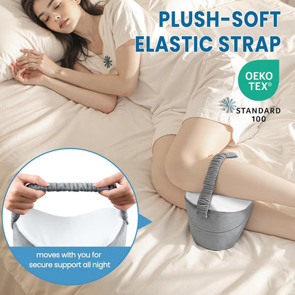 Knee Pillow for Side Sleepers with Strap, Supportive Memory Foam Leg Pillow for Side Sleeping & Spine Support, Ergonomic Curved Design for Hips and Back, Light Grey