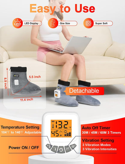 CAMECO 2-in-1 Cordless Foot Heating Pad & Massagers for Feet Neuropathy Pain Relief, 5000mAh 104℉-140℉ Heated Foot Warmers for Women Men, Rechargeable Vibration Heating Booties for Ankle Under Desk