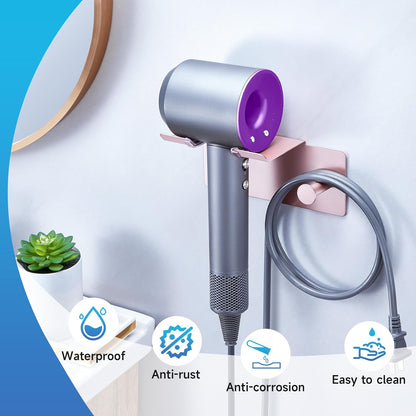 Hair Dryer Holder Wall Mounted, Blow Dryer Holder Adhesive, Metal Hairdryer Holder for Bathroom, Hair Tool Organizer with Plug&Cord for Cabinet Bathroom Bedroom Barber Shops (Rose Gold)