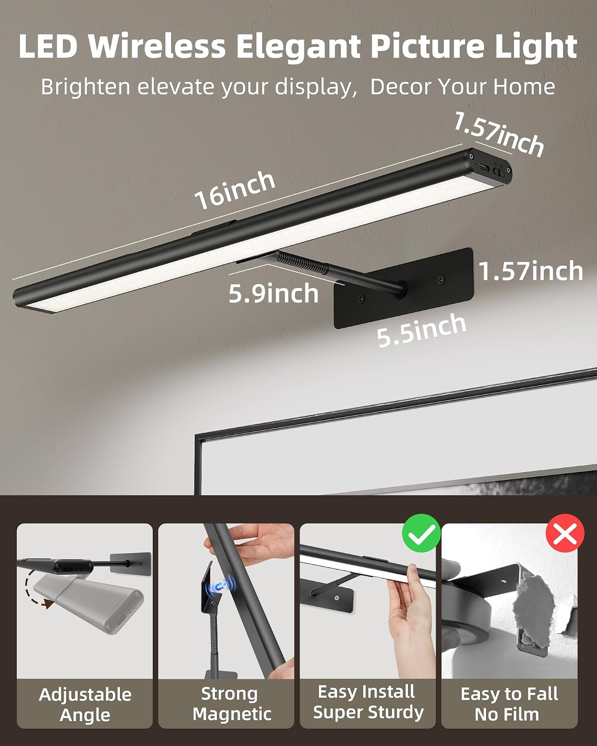 EZVALO Picture Light for Wall, 4800mAh Rechargeable Wireless Gold Light with IR Remote, Dimmable Magnetic LED Art Display Light with 3 Color Temperatures, for Gallery, Living Room, Bedroom(2Pack)