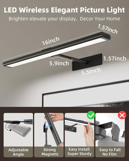 EZVALO Picture Light for Wall, 4800mAh Rechargeable Wireless Gold Light with IR Remote, Dimmable Magnetic LED Art Display Light with 3 Color Temperatures, for Gallery, Living Room, Bedroom(2Pack)