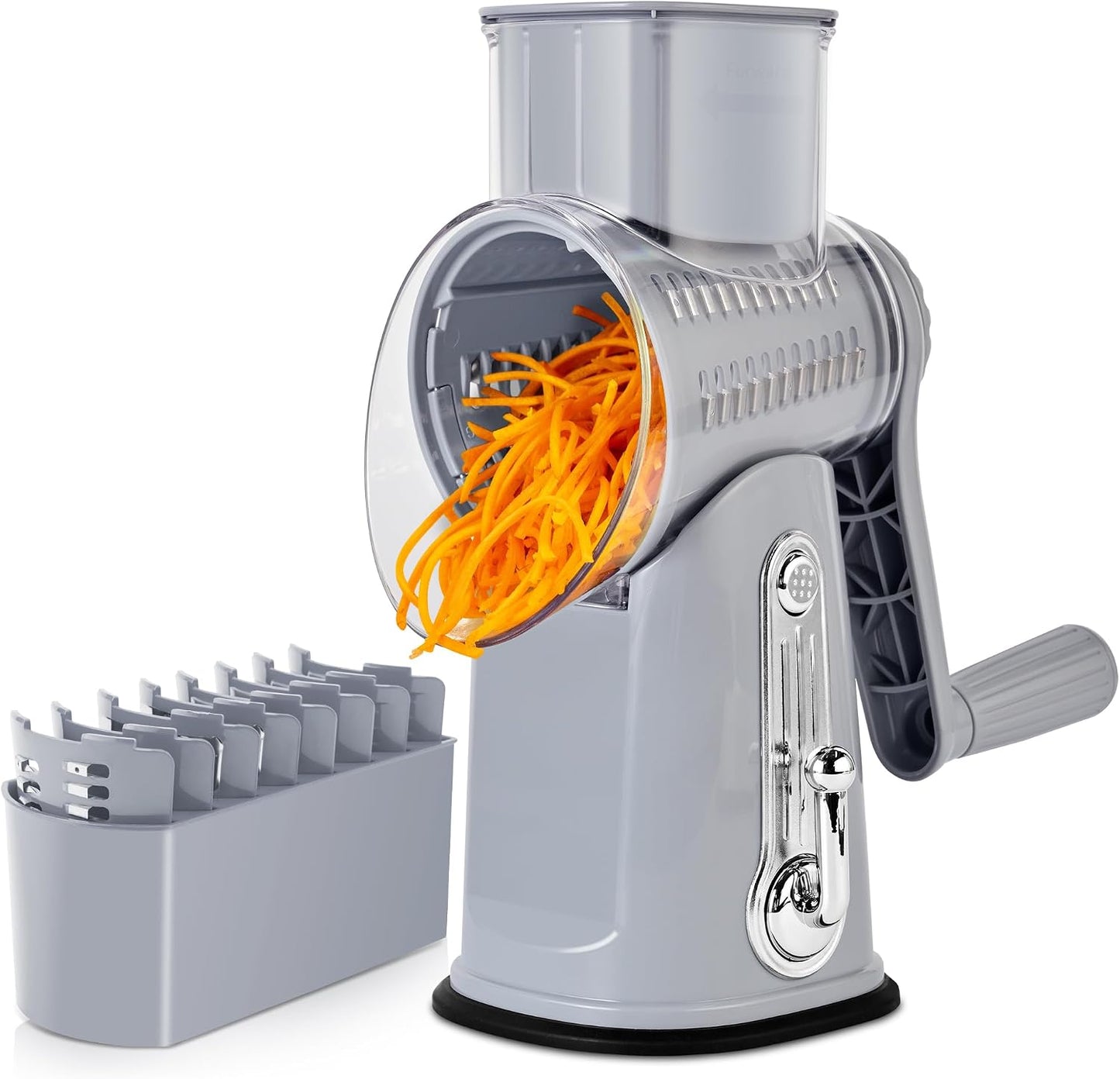 SUSTEAS Rotary Cheese Grater 5 Blades,Kitchen Mandoline Vegetable Slicer | White, Easy to Clean, Strong Suction Base, 5 Blades Storage Box, Round Mandoline Slicer & Food Chopper for Salad