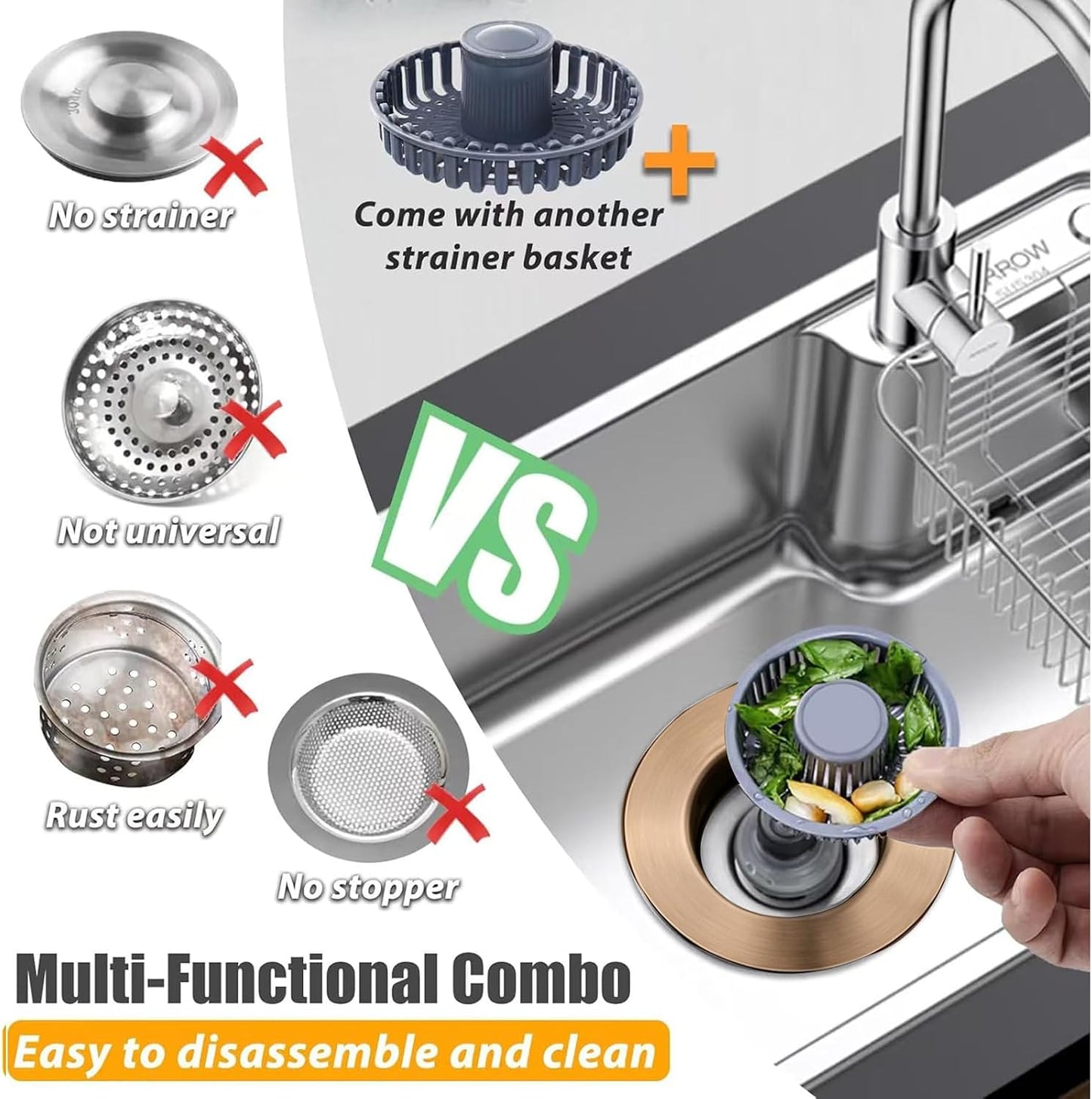 Anlige Kitchen Sink Drain Strainer, 3 in 1 Pop Up Kitchen Sink Stopper, with An Extra Basket Strainer, Universal for US Standard 3-1/2 Inch, Chrome Silver