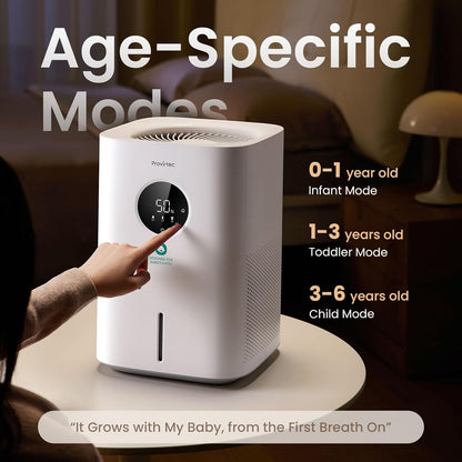 Provirtec Pro Baby Evaporative Humidifier for Bedroom, Easy Clean for Kids | MistFree & No White Dust, 3 Age-Modes, BPA-Free, 16dB Quiet Sleep Mode, Auto Humidity Control, 4L Tap Water Safe for Nursery