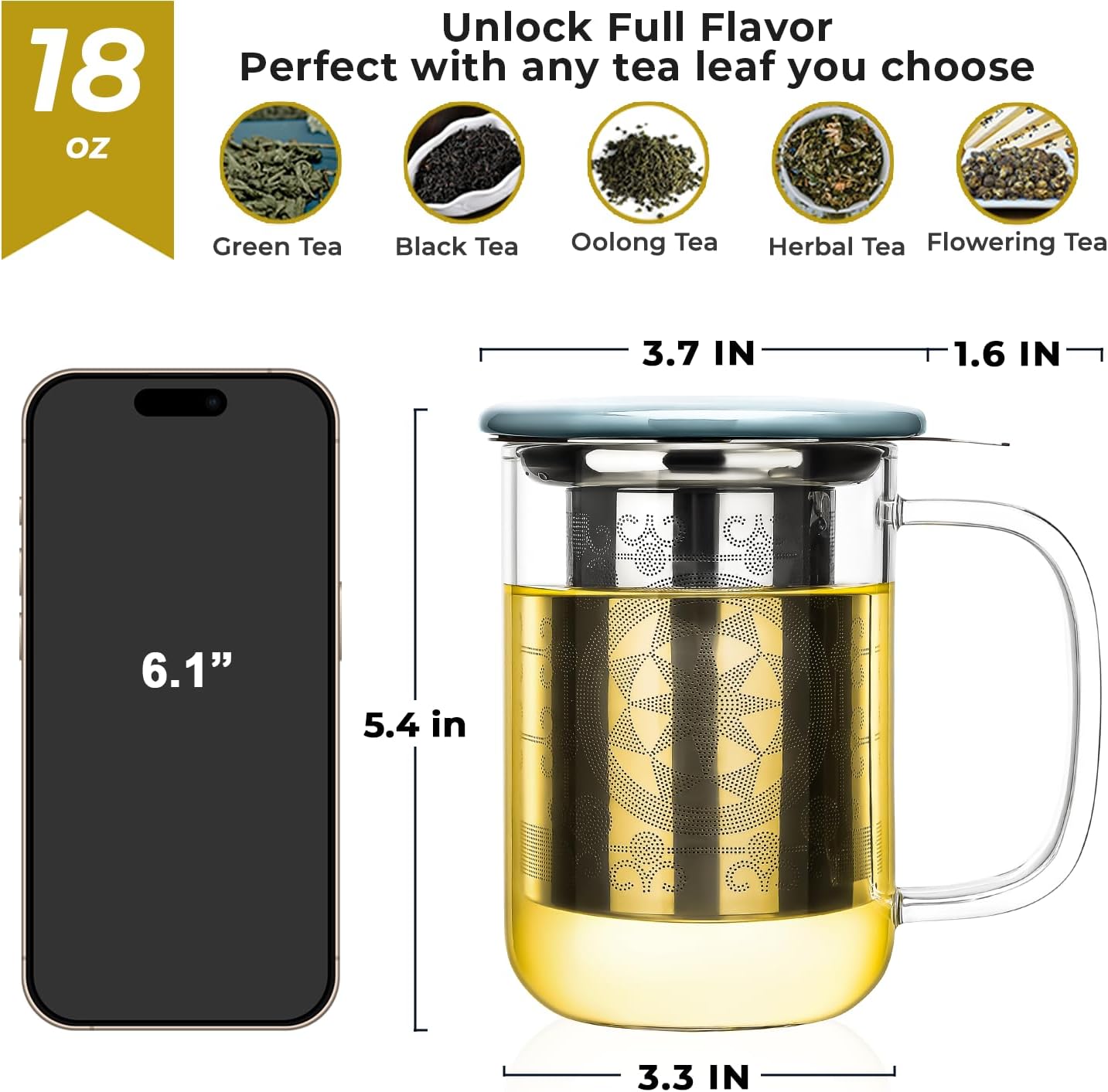 Aquach 18oz Glass Tea Cup with Infuser and Lid, Clear Borosilicate Mug | Dishwasher Safe, Borosilicate Glass, Single Walled, Stainless Steel Infuser, Ceramic Lid