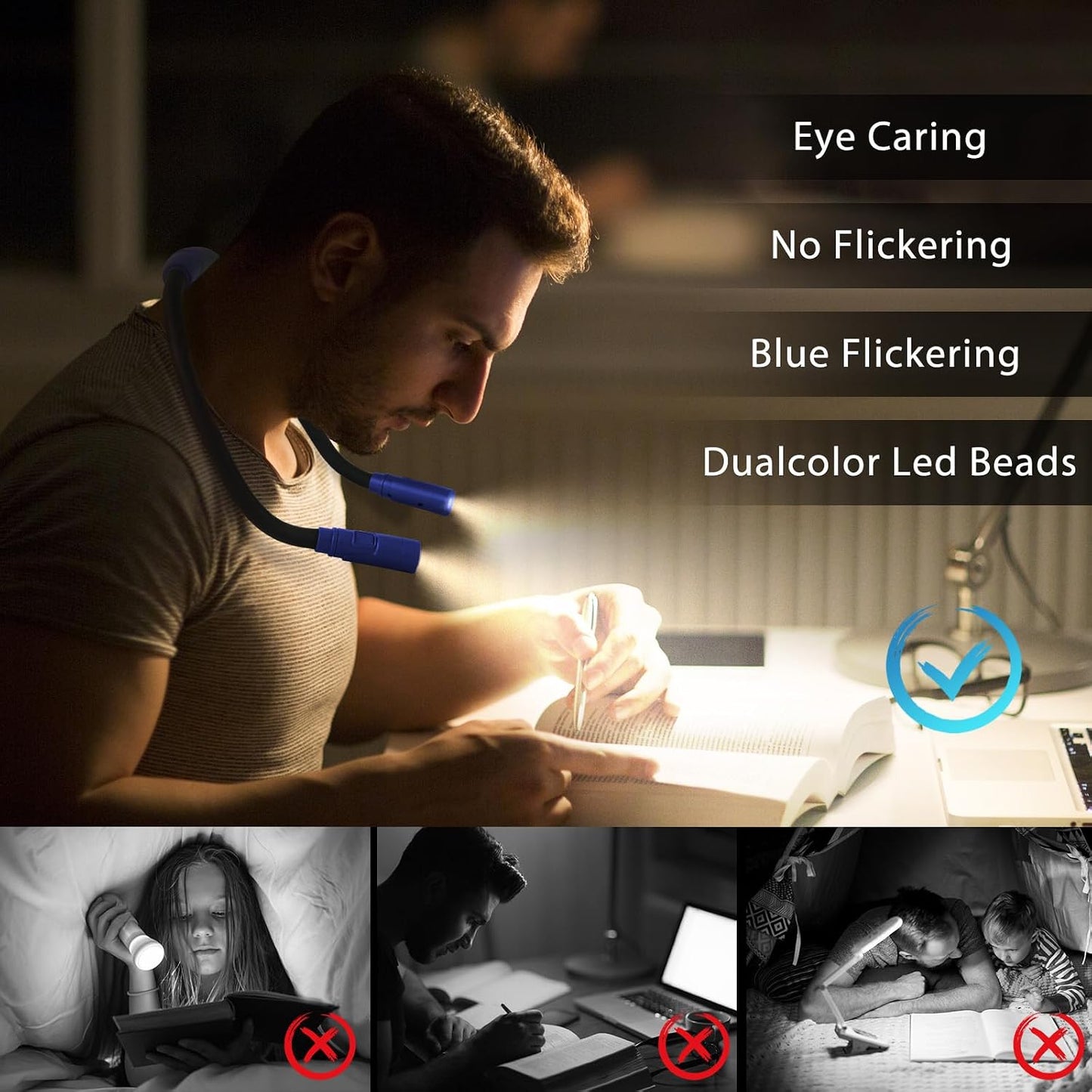 Rechargeable Hands-Free Neck Light with 3 Adjustable Color Modes, Black | Stepless Dimming, Flicker-Free Eye Protection, Flexible & Bendable, Long Battery Runtime, Protable Lightweight