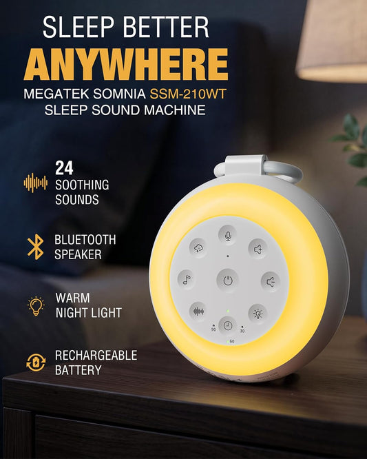 MEGATEK Portable Sound Machine for Sleeping, White Noise Machine with 24 Soothing Sounds, Bluetooth Speaker, Rechargeable, Dimmable Night Light, 180s Voice Recording, Sleep Timer