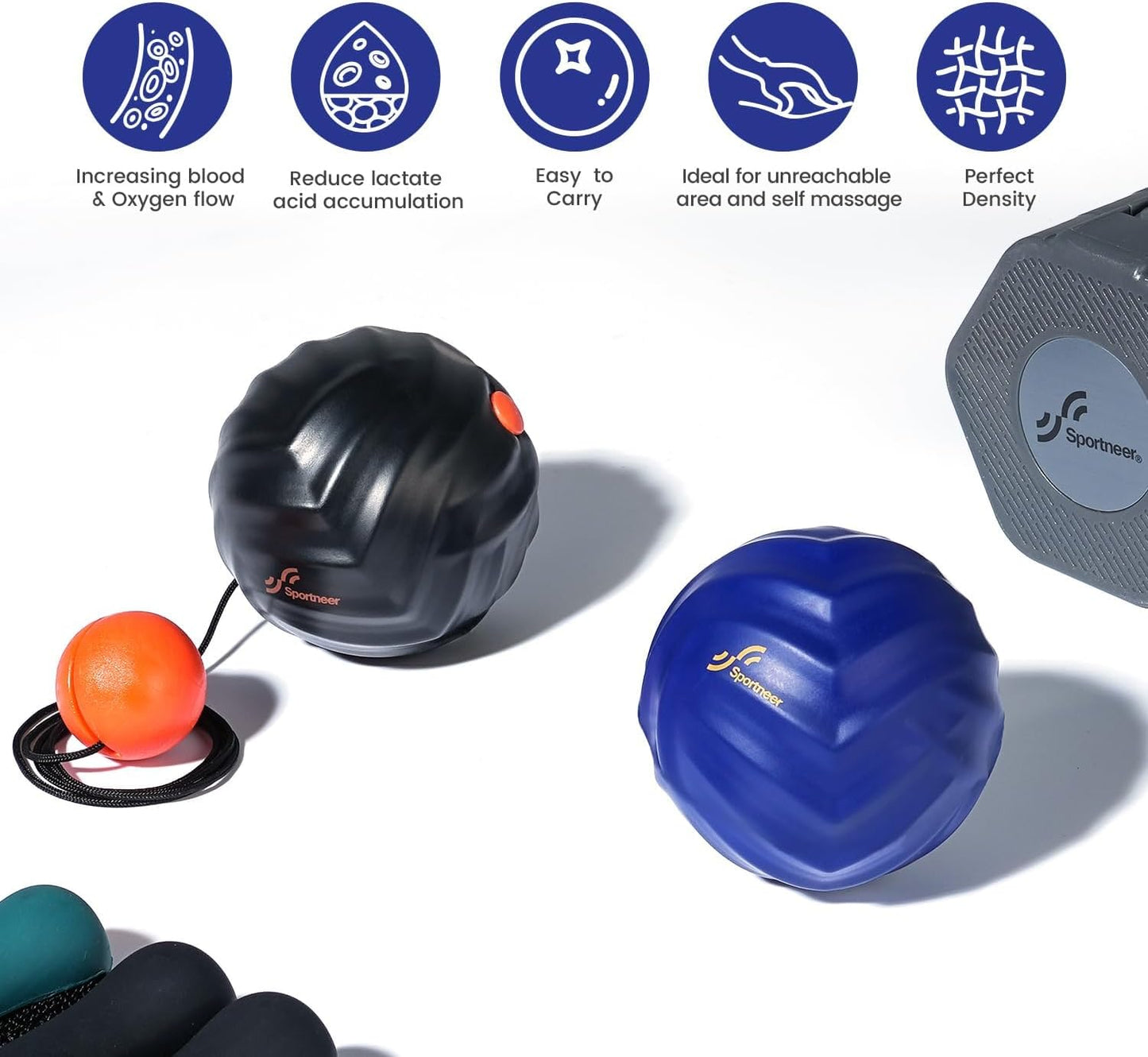 Sportneer Massage Balls for Trigger Point Therapy, Lacrosse Ball with String, Muscle Myofascial Massage Balls for Deep Tissue Release Foot Plantar Fasciitis,Hard Ball for Back Shoulder Relax- Blue