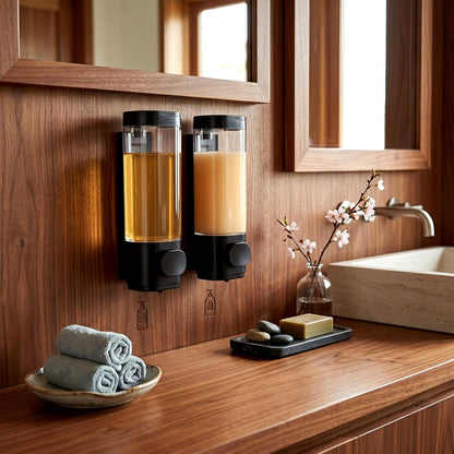 4 Pcs Manual Bathroom Wall Mounted Soap Dispenser, 300ml White Kitchen Bathroom Commercial Shower Clear Refillable Soap Dispenser Clear Plastic Refillable Liquid Lotion Pump and Organizer