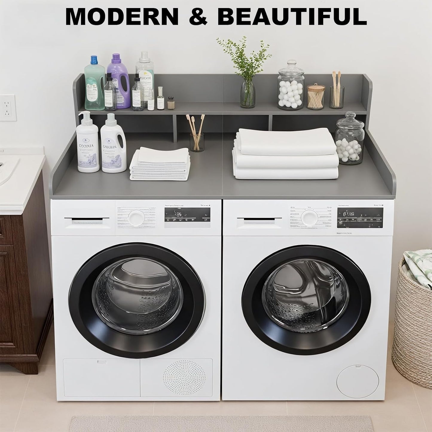 Washer Dryer Countertop with Shelf, 2-Tier Laundry Countertop Over Washer and Dryer, 54" x 27.55" Wooden Table for Folding Clothes for Laundry Room Organization and Storage (Oak)