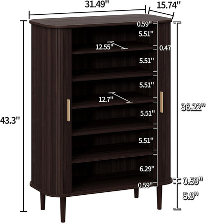 DHH Shoe Storage Cabinet with Sliding Door, 6-Tier Shoe Cabinet with Adjustable Shelves, Modern Freestanding Shoe Storage Organizer for Entryway, Hallway, Living Room (Walnut, 47 ")