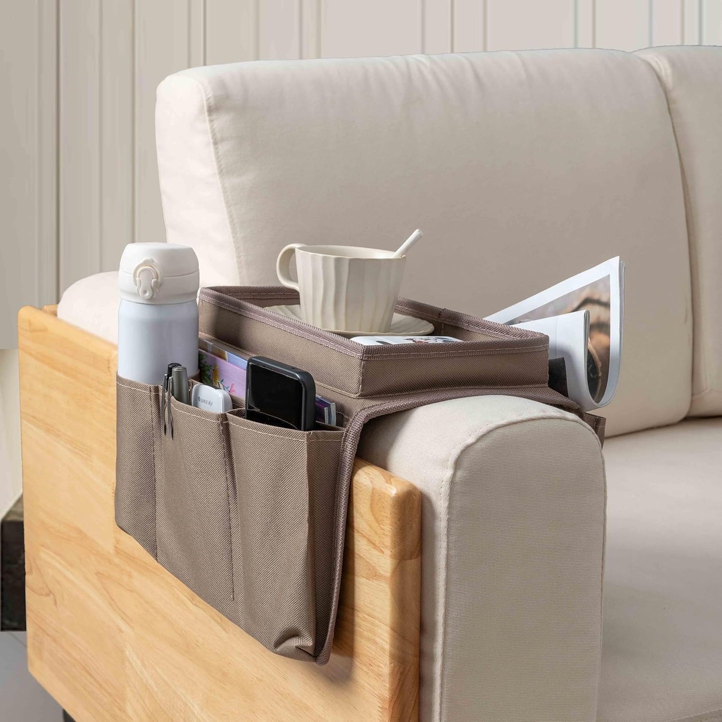Sofa Armrest Organizer with Cup Holder No-Slip Couch Sofa Armrest Organiser Couch Remote Caddy Control Holder with 1 Large Pockets and 3 Small Pockets for Smart Phone Magazines Ipad Drinks