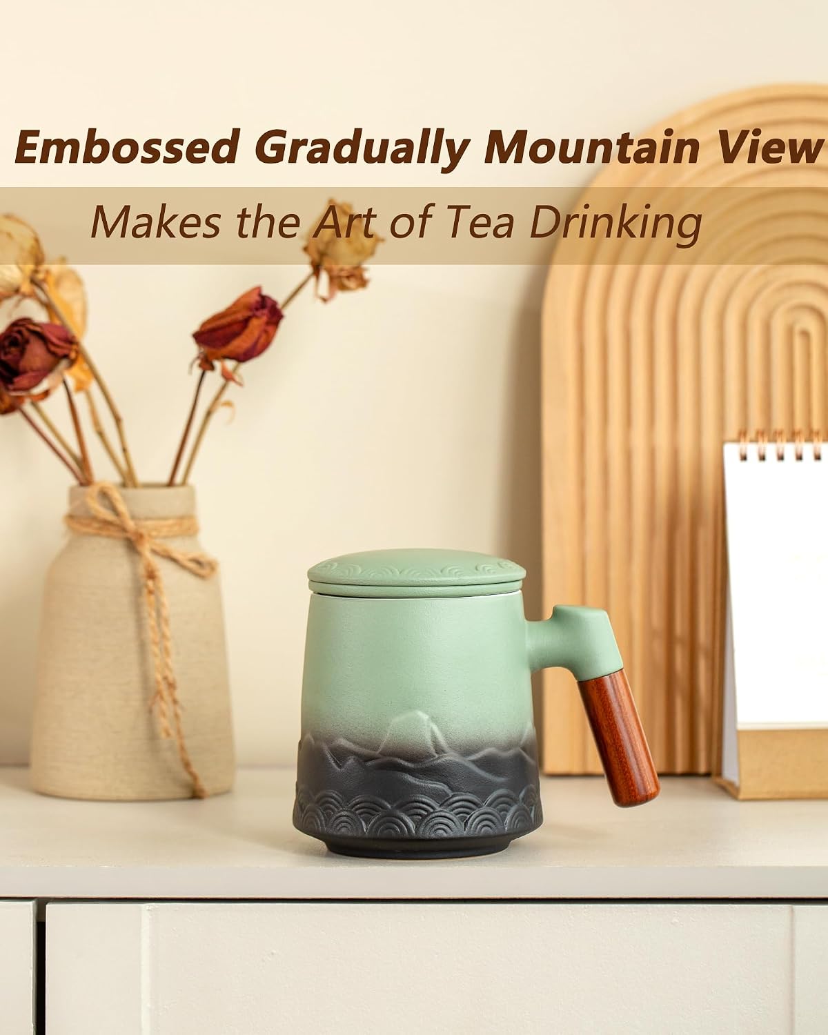 ZENS Tea Mug with Infuser and Lid for Loose Leaf Tea Steeper, 16.9oz Moss | Embossed Ceramic Tea Cup with Infuser for Herbal Tea Difussers, Tea Lovers Gifts, Nature Wood Handle