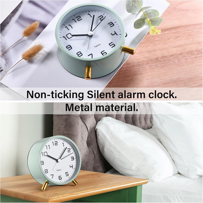 Tetino Analog Alarm Clocks,Retro Metal Desk Silent Non Ticking Small Clock with Night Light,Battery Operated,Simple Design,for Bedrooms, Bedside,Office,Home Décor (Green)