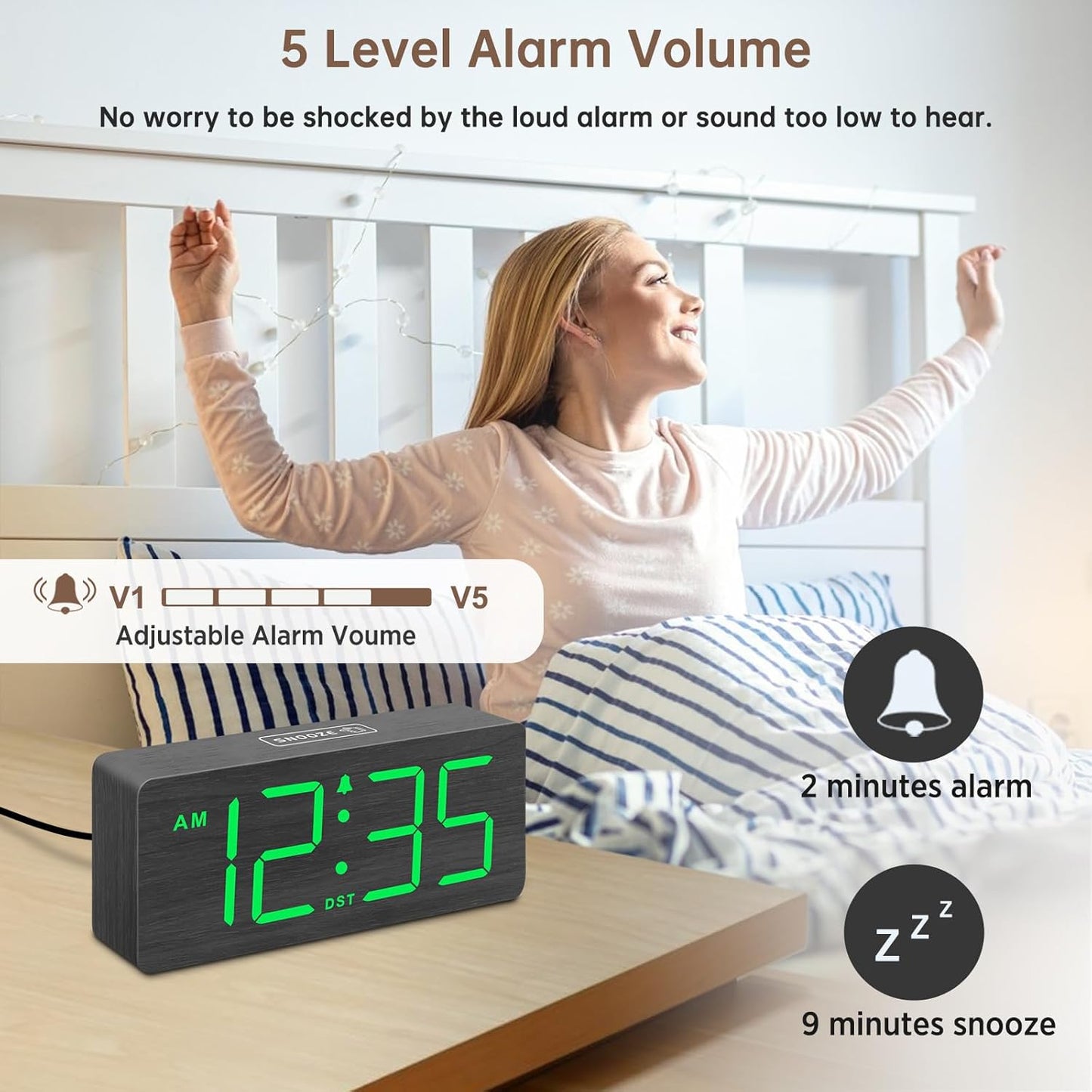 DreamSky Wooden Digital Alarm Clock for Bedroom with Large Numbers | Desk Clock for Living Room Office, Loud Alarm for Heavy Sleepers Adults, Volume Control, Dimmer, DST, Wood Decor (Plug-in)