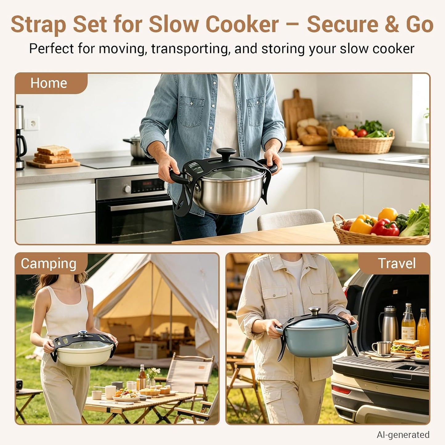 Pot Lid Holder Set with Silicone Lid Lock Strap for Slow Cooker | 2pcs Pot Lid Holders & Lid Latch for Crockpot Slow Cooker(6/7/8 Quart)Heat-Resistant, No-Spill Design Transport Accessories