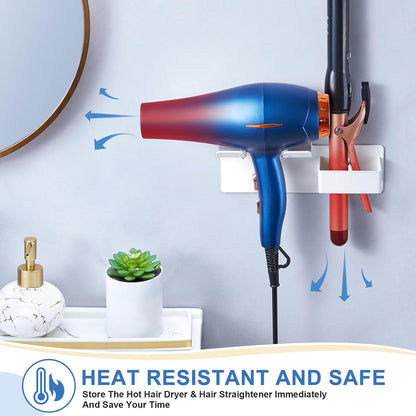 Hair Dryer Holder Wall Mounted, Hair Straightener Holder Metal, Adhesive Blow Dryer and Hair Straightener Holder, Bathroom Bedroom Hair Tool Organizer for Flat Iron,Curling Iron,Hairdryer (White)