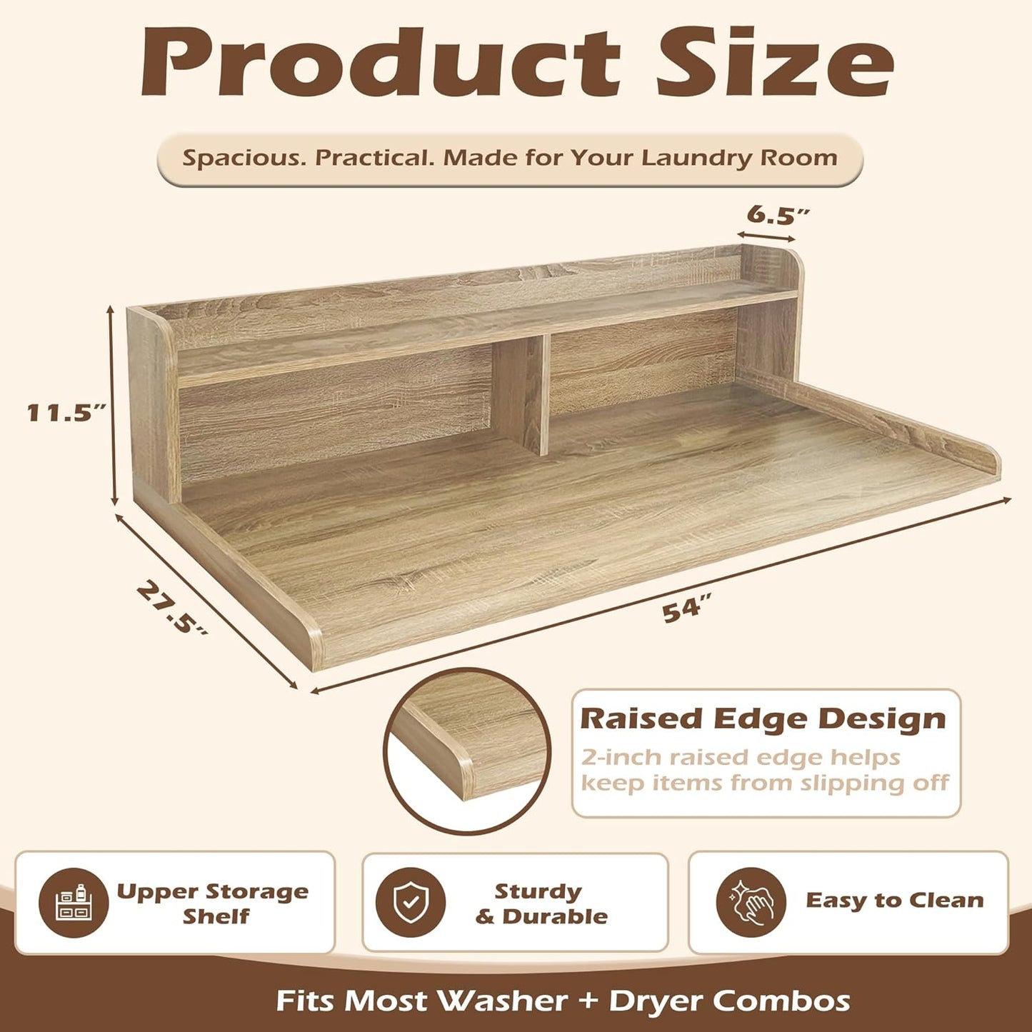 Royxen Laundry Countertop with 2-Tier Shelf Universal Fit, Washer and Dryer Countertop with Storage Space, Shelf Height 11.5 Inches, Solid Wood Core, Walnut