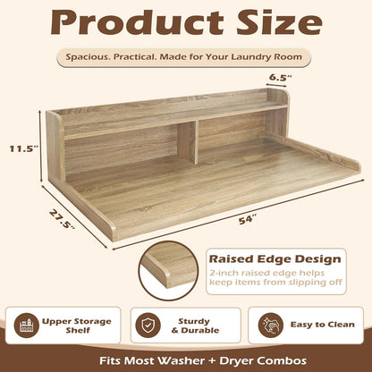 Royxen Laundry Countertop with 2-Tier Shelf Universal Fit, Washer and Dryer Countertop with Storage Space, Shelf Height 11.5 Inches, Solid Wood Core, Walnut