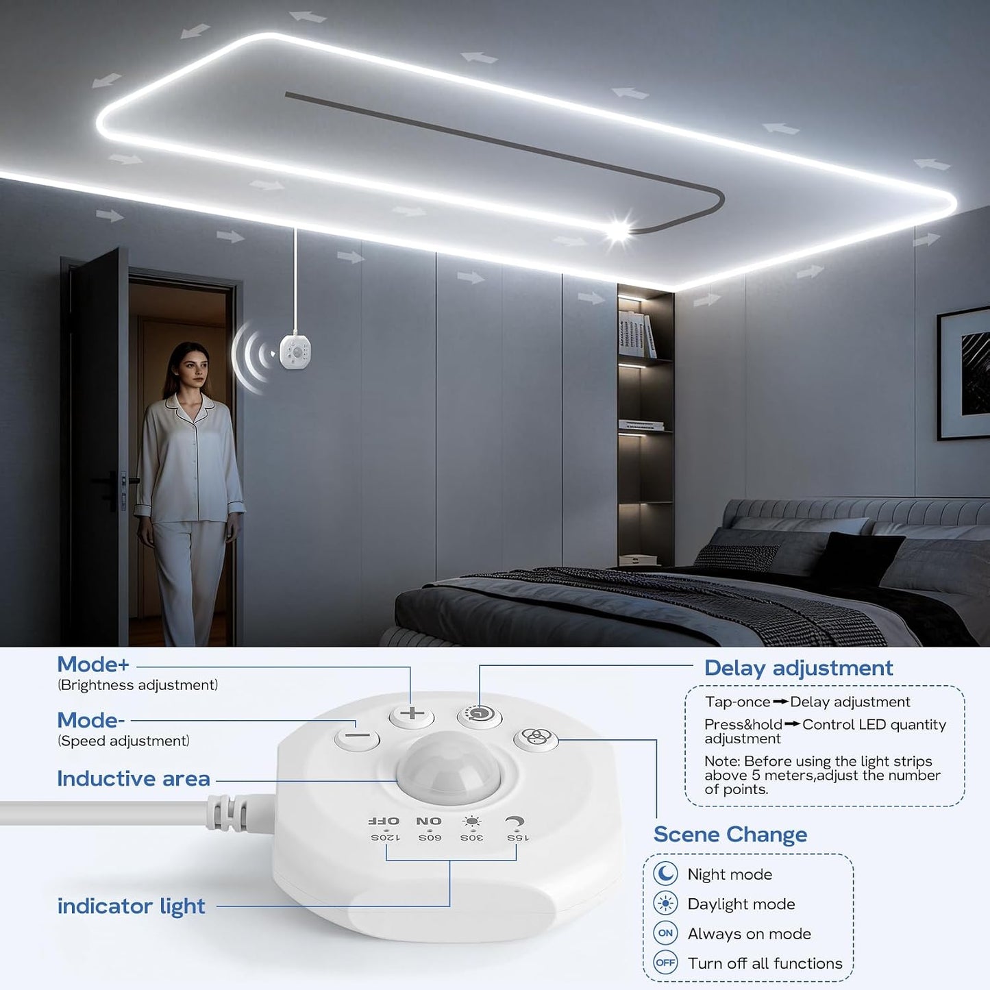 Motion Sensor LED Strip Lights 32.8ft 6500K White with Running Water Effect | Cool white running water flowing motion activated led stair lights, dimmable & auto-off timer,24v for kitchen,corridor,indoor