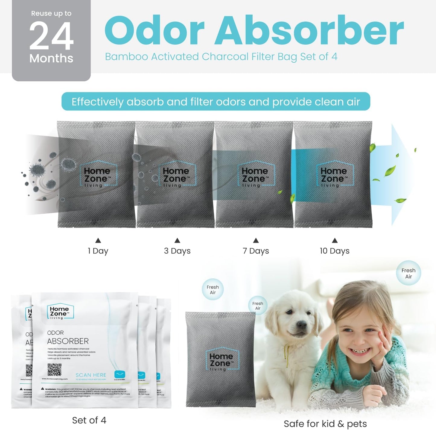 Home Zone Living CleanAura Deodorizing Bamboo Activated Charcoal Filter Bag Set of 4