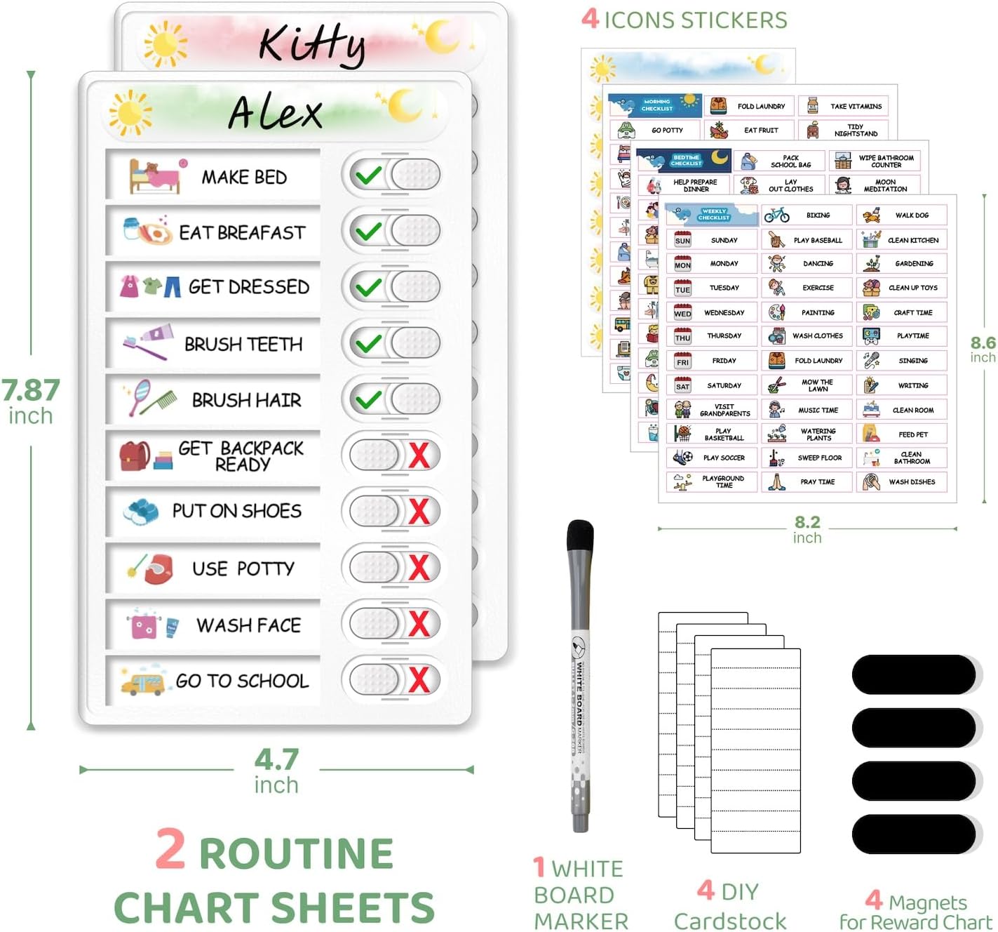 Upgraded Slider Dry Erase Chore Chart for Kids, Whiteboard Magnetic Chore Chart for 2 Kids, Reusable Morning/Bedtime Routine Chart for Kid Toddlers Teens Adult, Visual Schedule for Kid with Autism