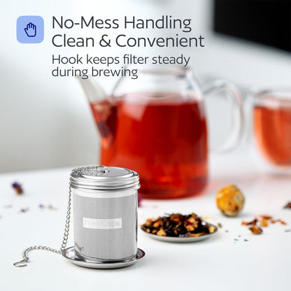 Stainless Steel Tea Infuser for Loose Leaf Tea, Small (1.5” Diameter x 2.2” Height) – Extra Fine Mesh Strainer with Chain Hook & Lid, Reusable Tea Steeper for Mugs, Cups & Teapots