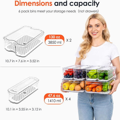 SMRCAD 6 Pack Clear Fridge Organizer Bins with Drain Trays - Stackable | BPA-Free PET, 6 Pack: 6 lidded Bins (Not drawer), Helps Keep Produce Fresh, 14L Capacity, Hand Wash Only