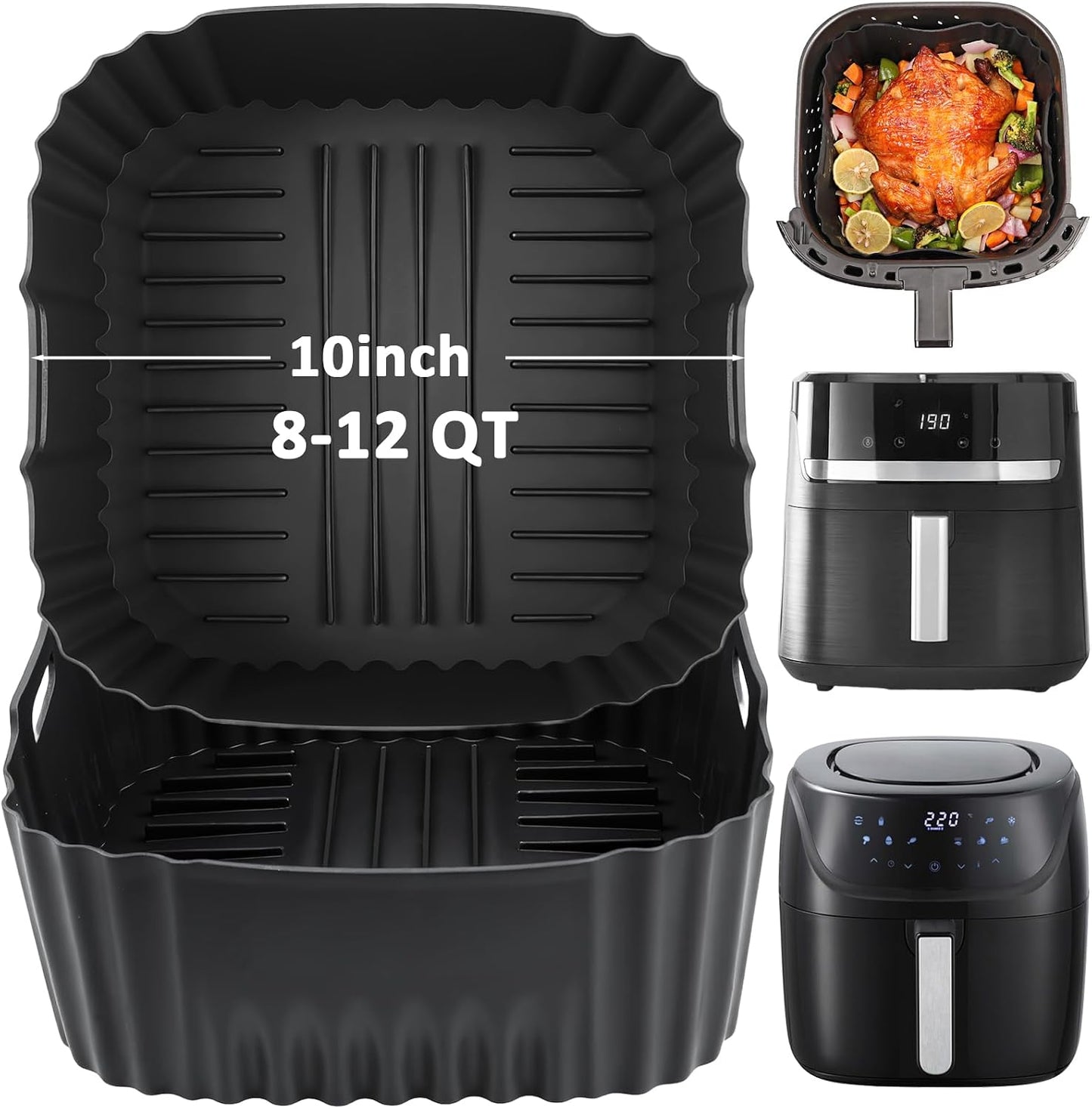 BYKITCHEN 9 Inch Square Silicone Air Fryer Liners for 6 to 8QT, Set of 2, Reusable Silicone Airfryer Tray Insert, Air Fryer Accessories for Corsori 6QT, Ninja Airfryer Pro XL 6.5QT, Gourmia & More