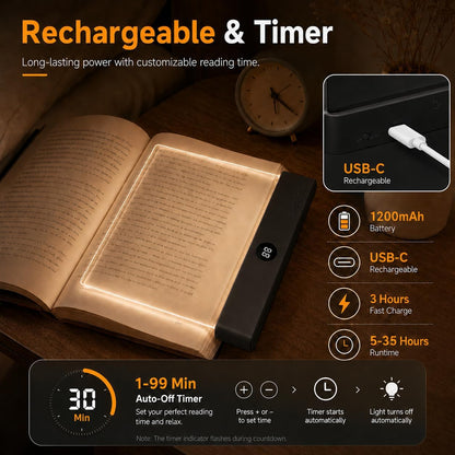 Book Light for Reading in Bed, Rechargeable LED Flat Book Light with Clear Full Page Panel, 3 Color Temperatures, Stepless Dimming, 1–99 Min Timer, 1200mAh USB-C Bookmark Light for Book Lovers(Pink)
