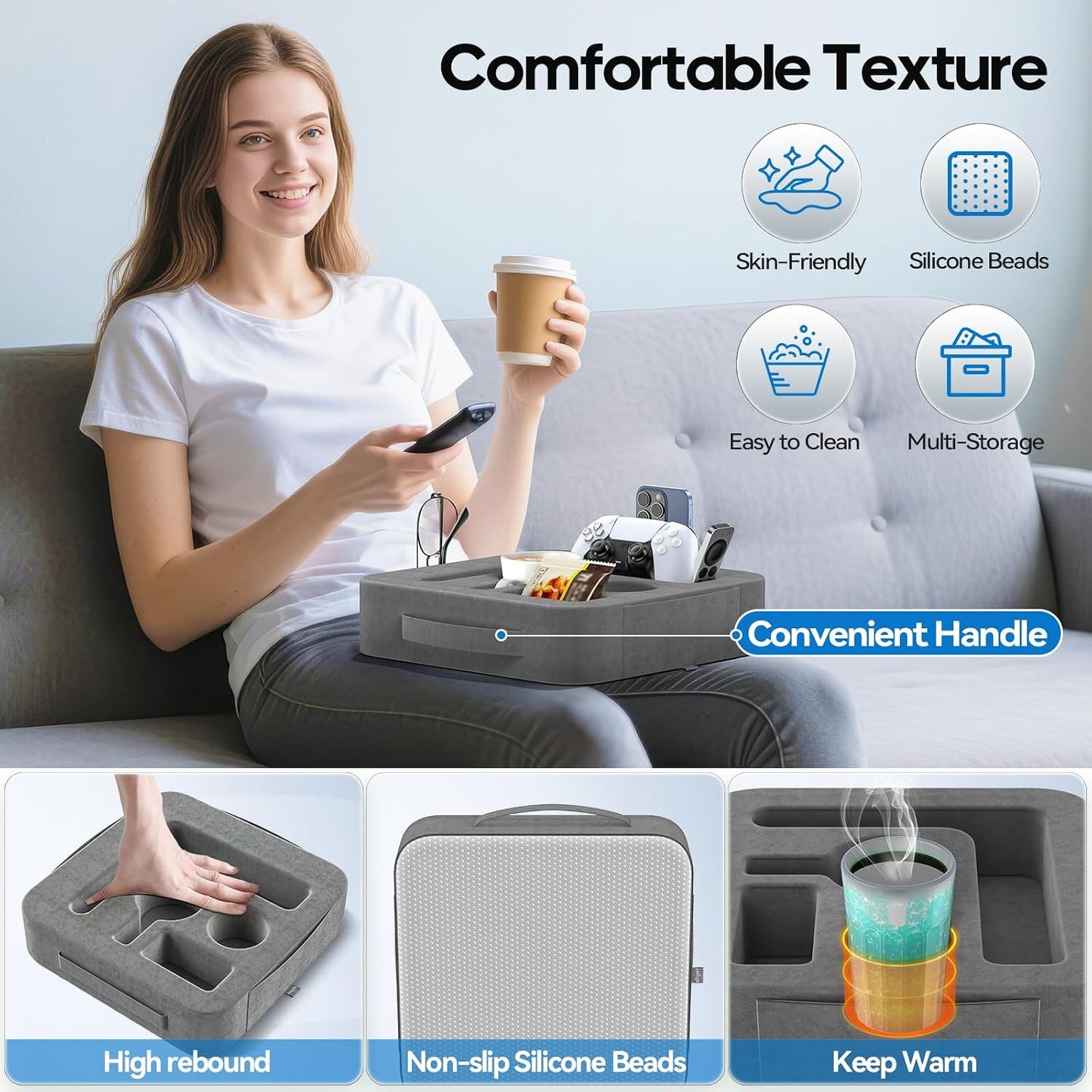 Couch Cup Holder Pillow, Sofa and Bed Caddy for iPad, Kindle, Switch, Game Controller, Remotes, Phones, Small-Sized Cup & Drink Holder for Couch, Bed, Desk, Car, Beach, Bathroom Cup Holder
