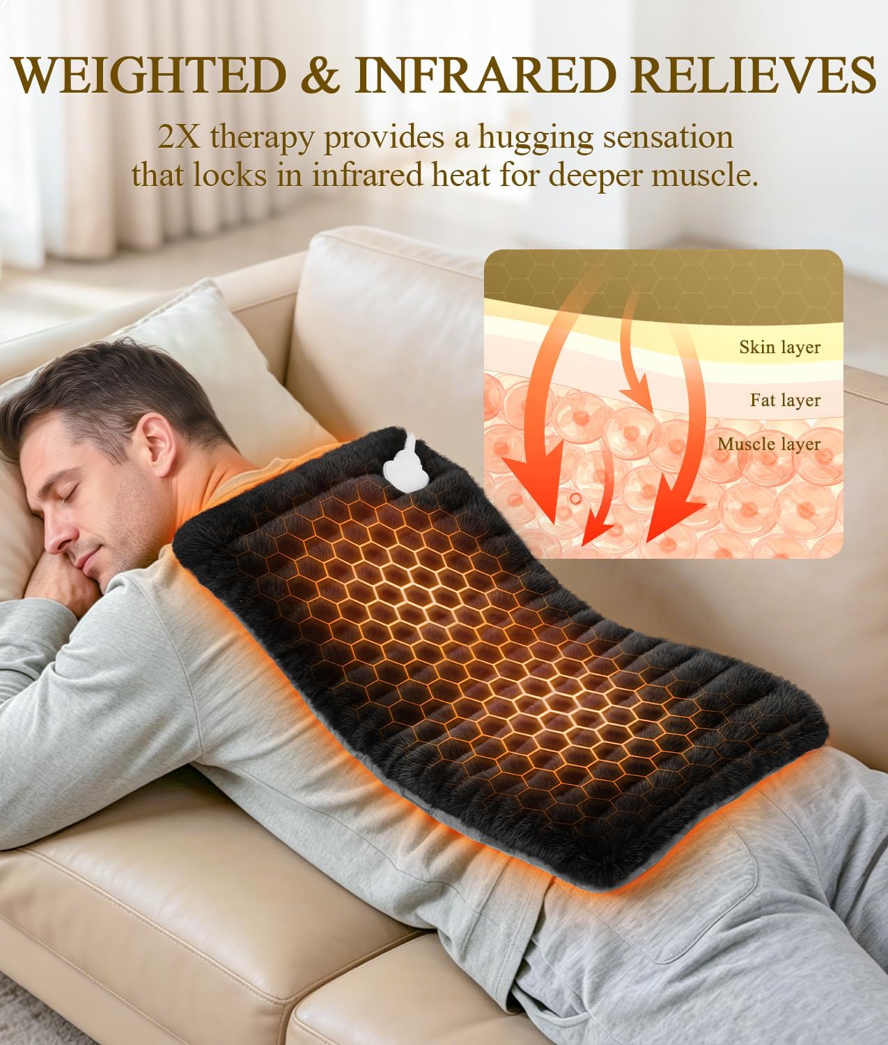 Infrared Weighted Heating Pad: 2X Graphene Fast Deep Pain Relief for Cramps Back - 1-Min Relax from Stiffness Soreness - 2.2 lb Gentle Pressure Far Infrared - 3H Auto Off 12” X 24”