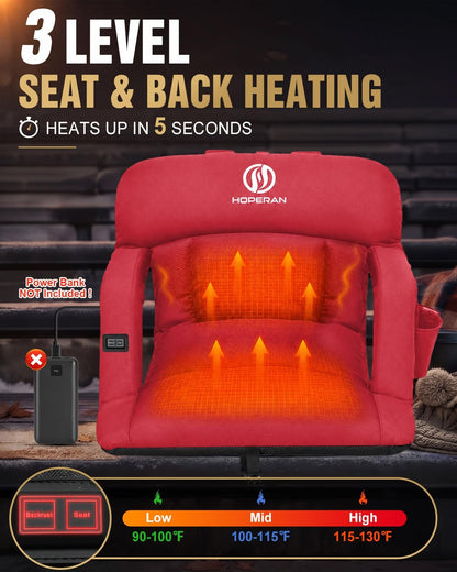 HOPERAN 25in Heated Stadium Seats for Bleachers, 4.3" Extra Thick, Pink | Super Soft Sofa-Style, Independent Seat&Back 3 Level Heat (NO Battery), 6 Recliner, Anti-Slip, Side Pockets, Backpack Straps