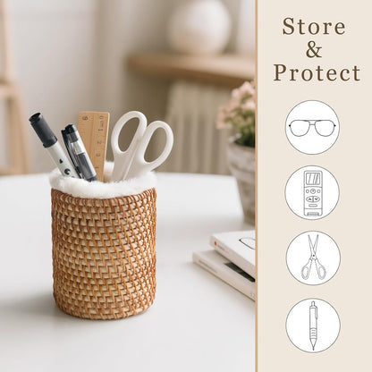 Mkono Glass Holder for Nightstand Rattan Plush Lined Bedside Eyeglass Stand | Prevents Lens Scratches, Space-Saving Design, 3.1" Wx3.5" H, Stable Base, Easy Access, Storage for Desk, Office, Table Decor
