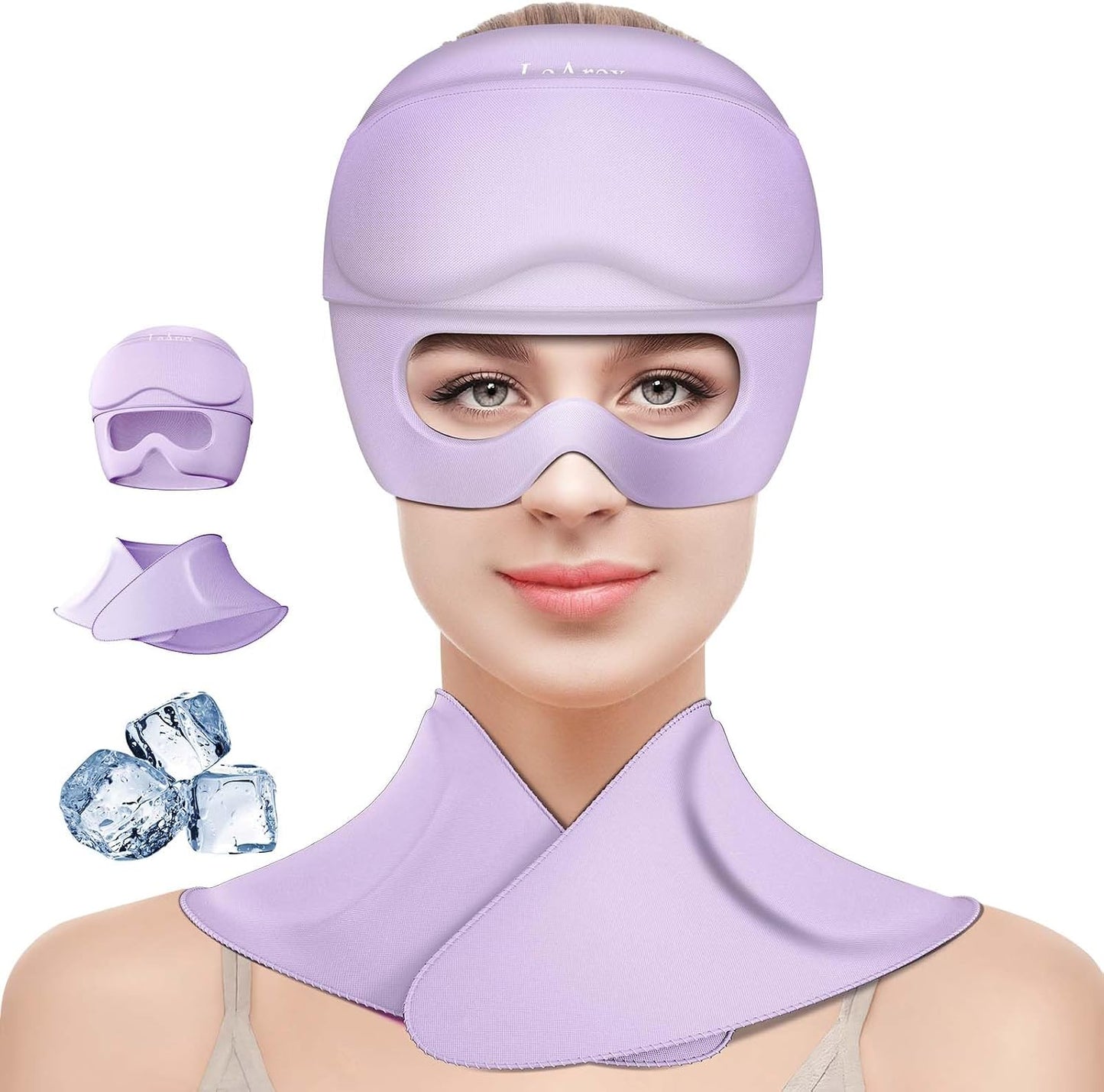 3 in 1 Migraine Relief Cap Neck Ice Pack Wrap Gel and Ice Eye Masks, Detachable Ice Caps with Eyes Masks, Hot and Cold Therapy for Relief of Headaches, Stiff Neck and Eye Fatigue (Purple)