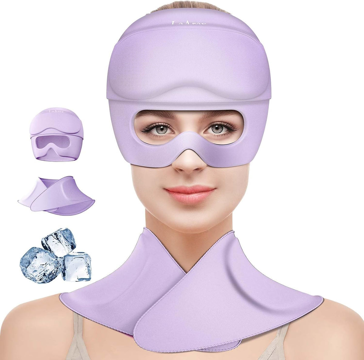 3 in 1 Migraine Relief Cap Neck Ice Pack Wrap Gel and Ice Eye Masks, Detachable Ice Caps with Eyes Masks, Hot and Cold Therapy for Relief of Headaches, Stiff Neck and Eye Fatigue (Purple)