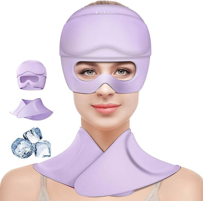 3 in 1 Migraine Relief Cap Neck Ice Pack Wrap Gel and Ice Eye Masks, Detachable Ice Caps with Eyes Masks, Hot and Cold Therapy for Relief of Headaches, Stiff Neck and Eye Fatigue (Purple)