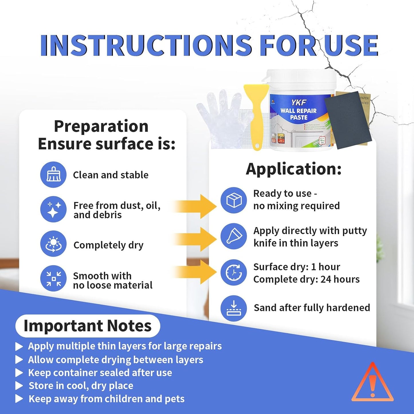 YKF Drywall Repair Kit, 18 oz Ready to Use Quick Dry Wall Repair Paste with Scraper and Self-Adhesive Mesh, White Spackle Putty for Small Holes, Nail Holes, Dents and Cracks
