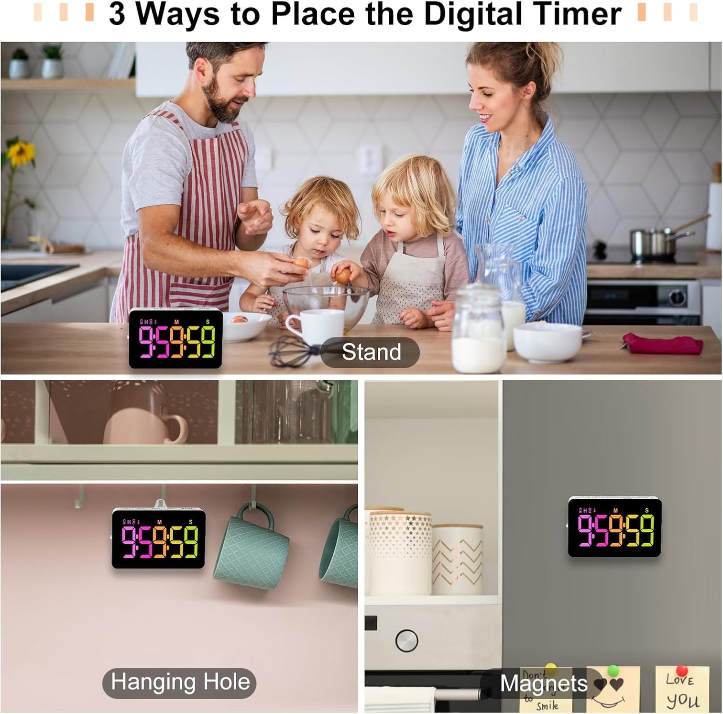 PERSUPER Kitchen Digital Timer, Count Down Up, Rechargeable, Vibration Mode | Adjustable Volume and Brightness LED Display, Time Management Cook, Desk, Kids Adults Study Teaching, Kitchen Gadgets RGB ﻿