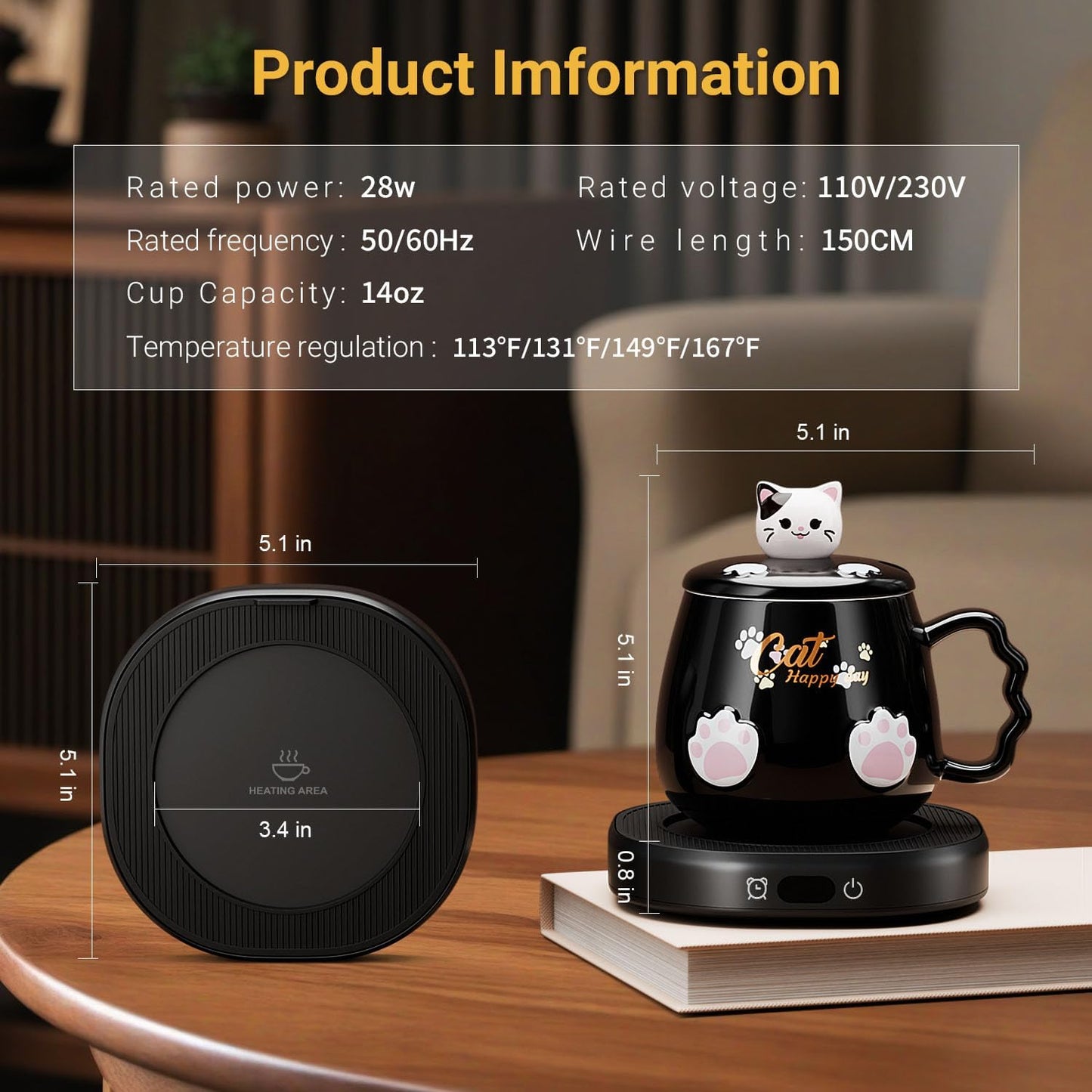 Bgbg Coffee Mug Warmer & Cute Cat Mug Set, Beverage Cup Warmer for Desk Home Office with Three Temperature Up to 140℉/ 60℃, Coffee Warmer for Cocoa Milk Tea Water Candle, 8 Hours Auto Shut Off