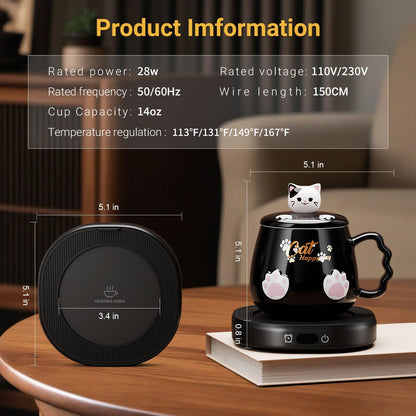 Bgbg Coffee Mug Warmer & Cute Cat Mug Set, Beverage Cup Warmer for Desk Home Office with Three Temperature Up to 140℉/ 60℃, Coffee Warmer for Cocoa Milk Tea Water Candle, 8 Hours Auto Shut Off