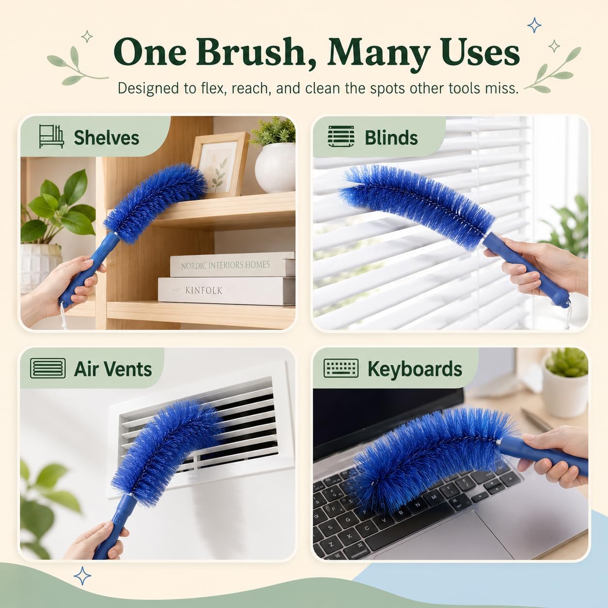 2026 New Bendable Microfiber Duster, Upgrade Reusable Bendable Cleaning Brush for Home Electric Fan Air Conditioner Car Vent Curtains Cleaner(Blue)