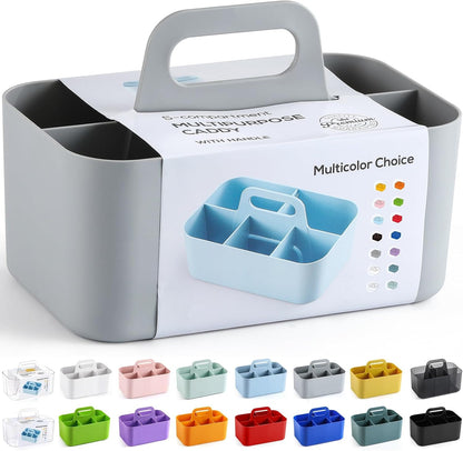 Multiuse Caddy Organizer with Handle, Portable Divided Plastic Tote Bin - Art Craft, Stationary Pen Marker Crayons, Makeup Hair Supplies Storage - Bathroom, Classroom, Dorm, Office, Desk Holder - Grey