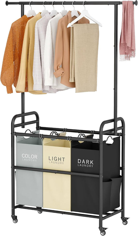 Laundry Sorter Cart with Hanging Clothes Rack, 3 Section, 3 Colors | 135L Laundry Sorter Hamper Cart with Heavy Duty Rolling Lockable Wheels and Removable Bags for Laundry Room, Apartment